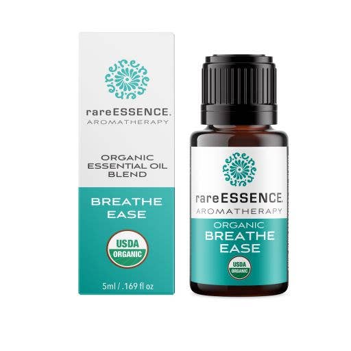 Organic essential oil blend bottle and packaging with 'rareESSENCE Aromatherapy' branding on a white background.