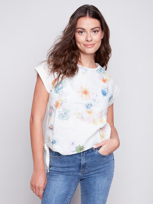 Printed Round Neck Jersey Linen Combo Front Tie T-Shirt
