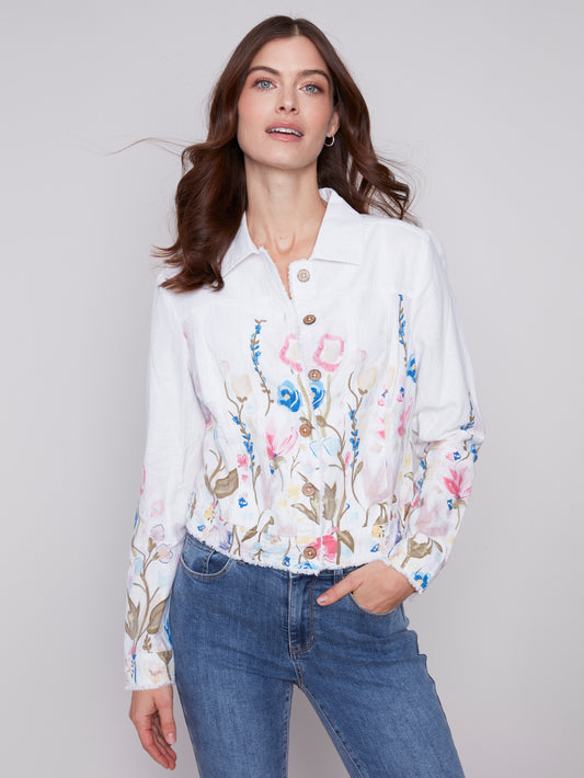Border Printed Long Sleeve Button Front Linen Jacket