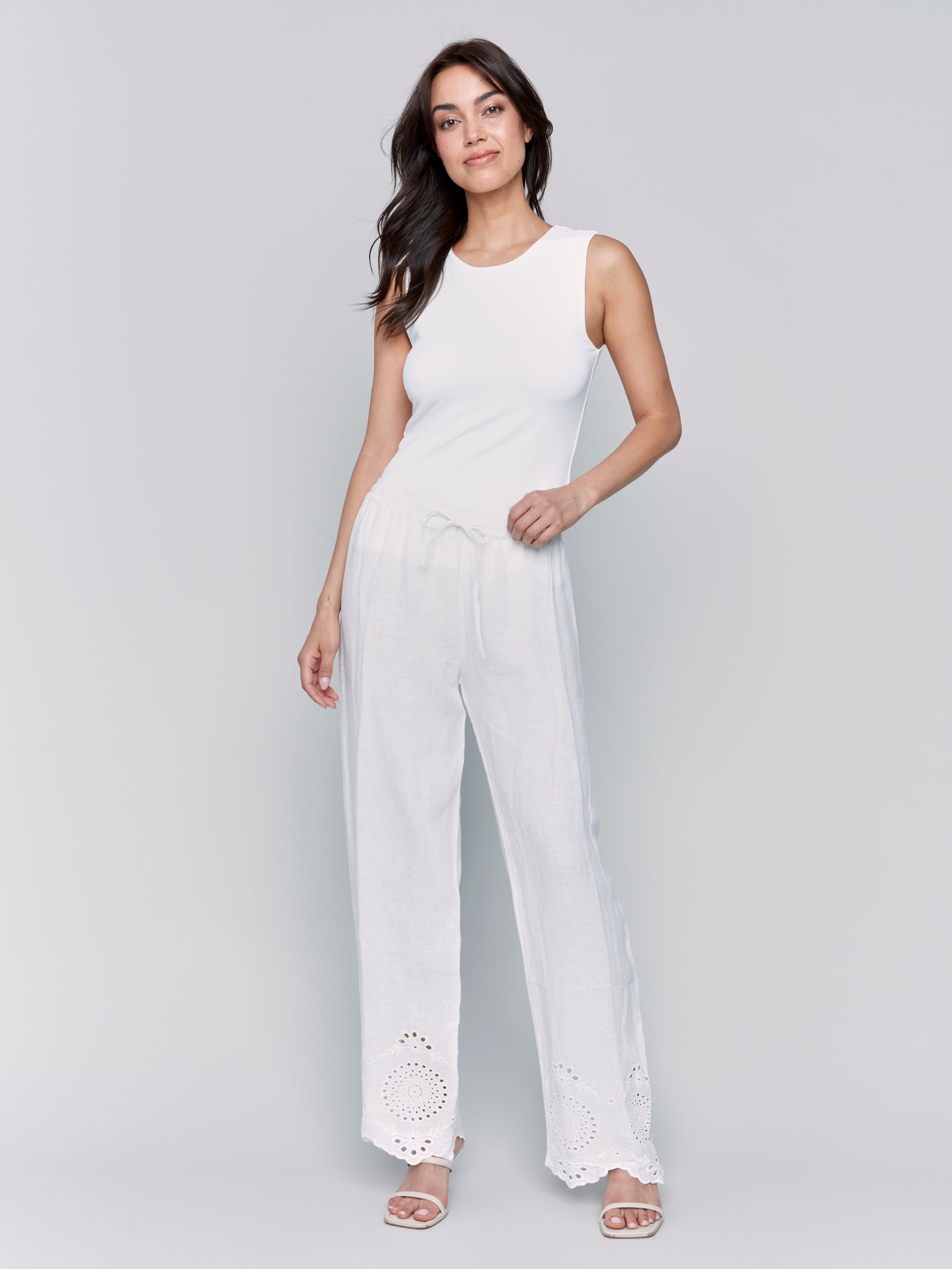Pull-On Linen Pants with Eyelet Embroidery - Sugar River Shoppe