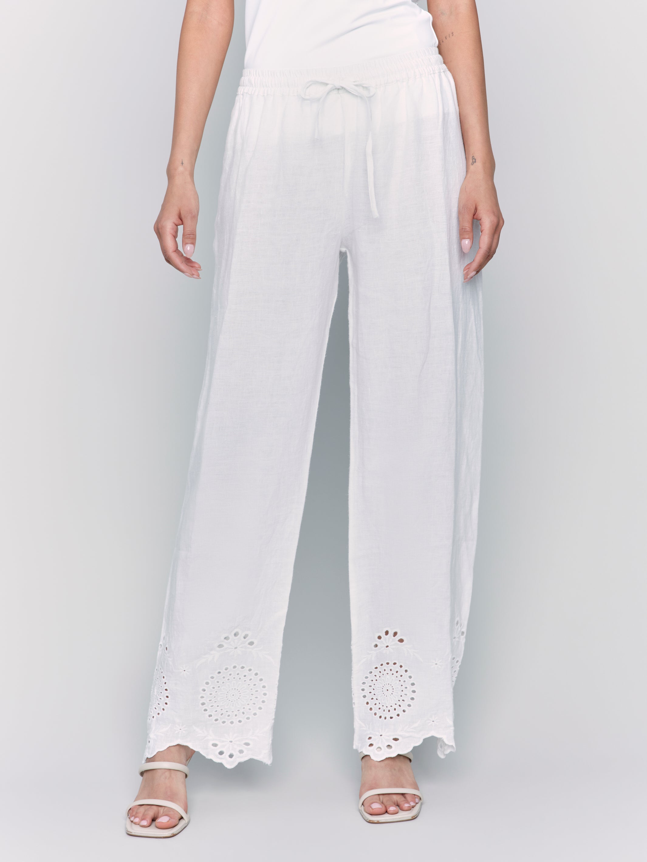 Pull-On Linen Pants with Eyelet Embroidery - Sugar River Shoppe