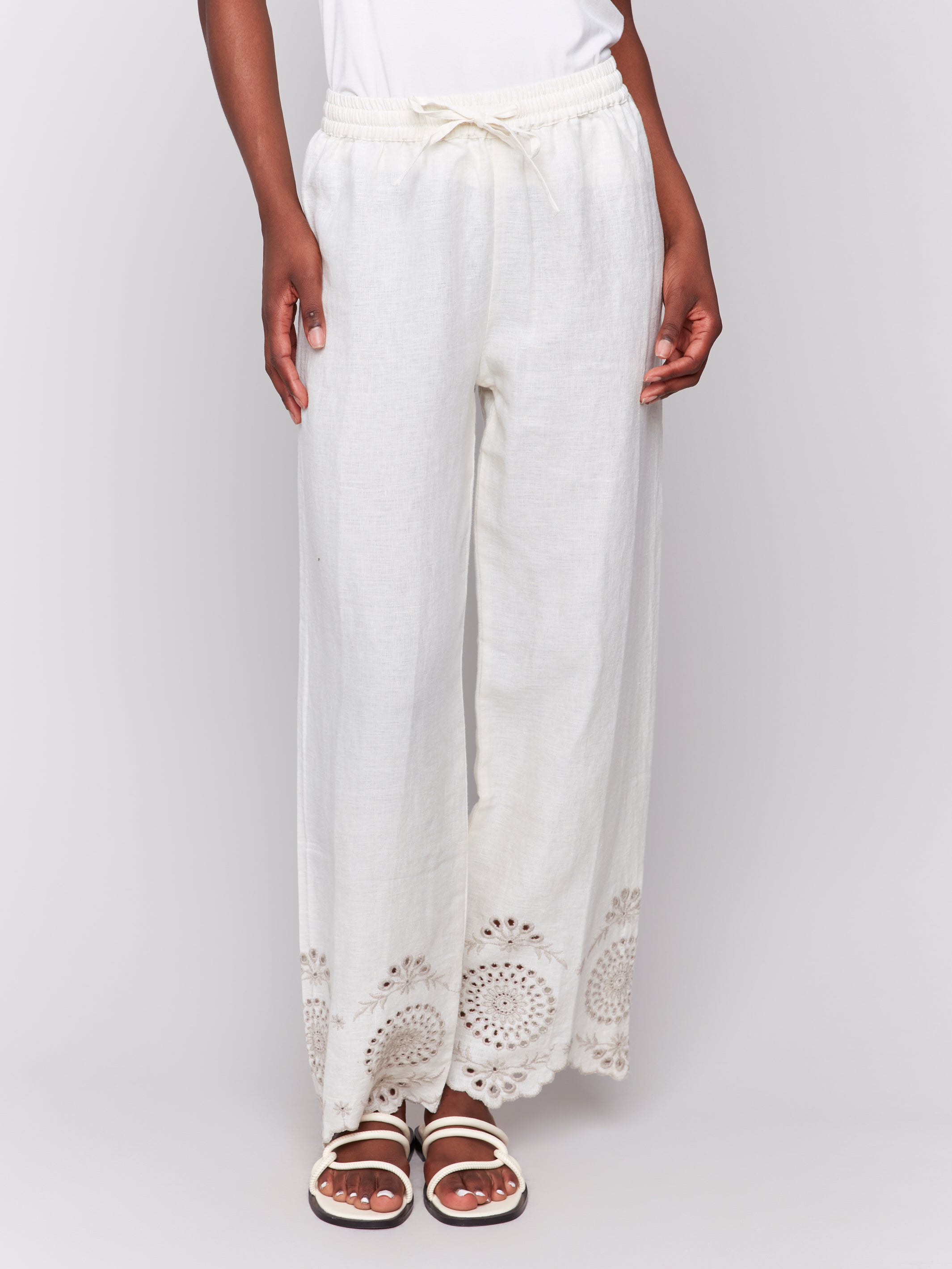 Pull-On Linen Pants with Eyelet Embroidery - Sugar River Shoppe