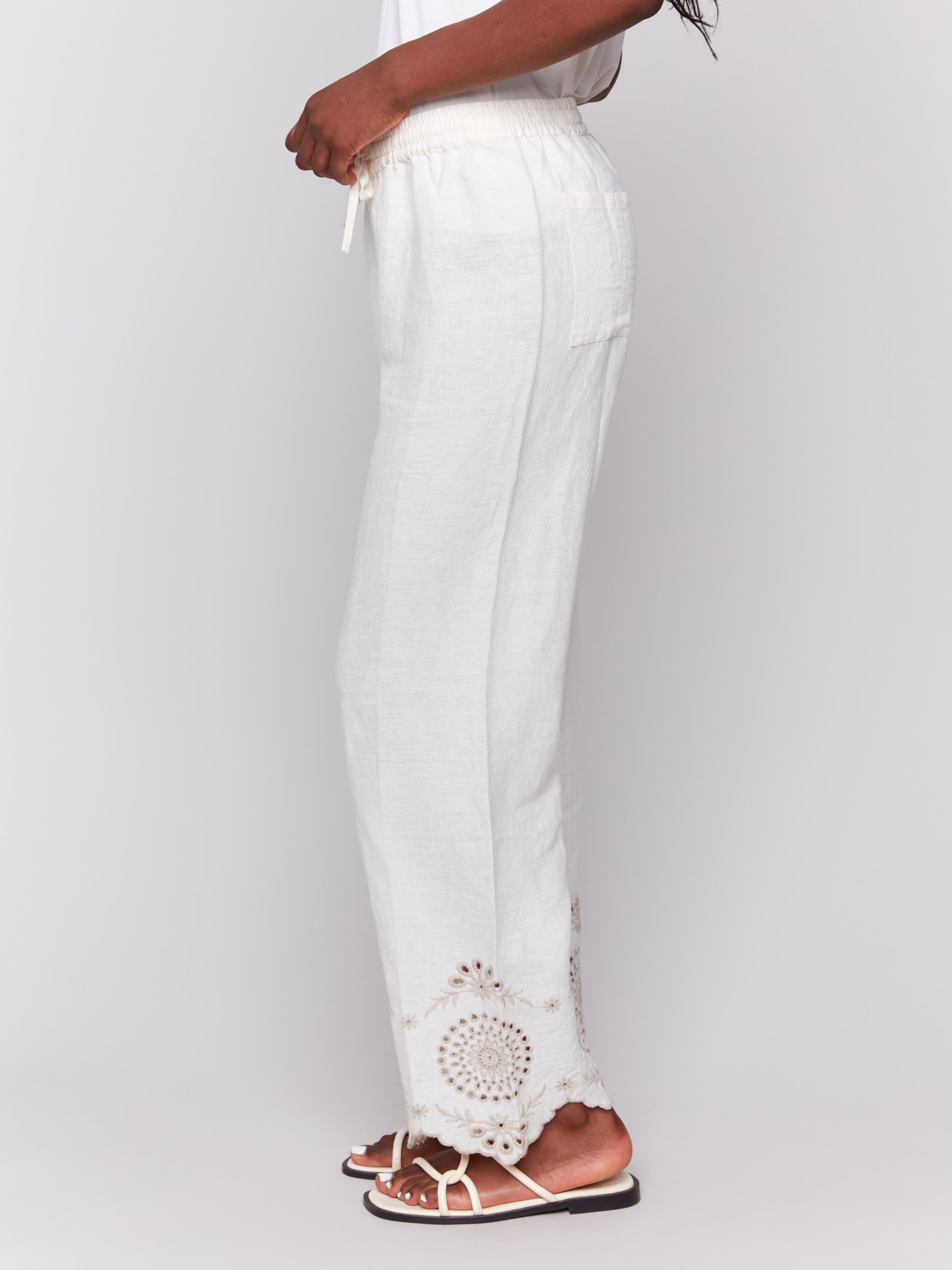 Pull-On Linen Pants with Eyelet Embroidery - Sugar River Shoppe