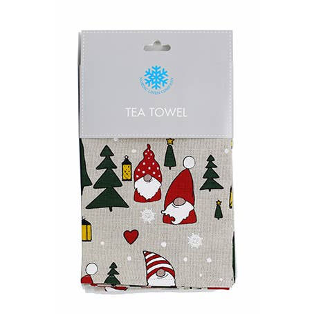 Linen Kitchen Towel with Santa and Christmas trees - Sugar River Shoppe