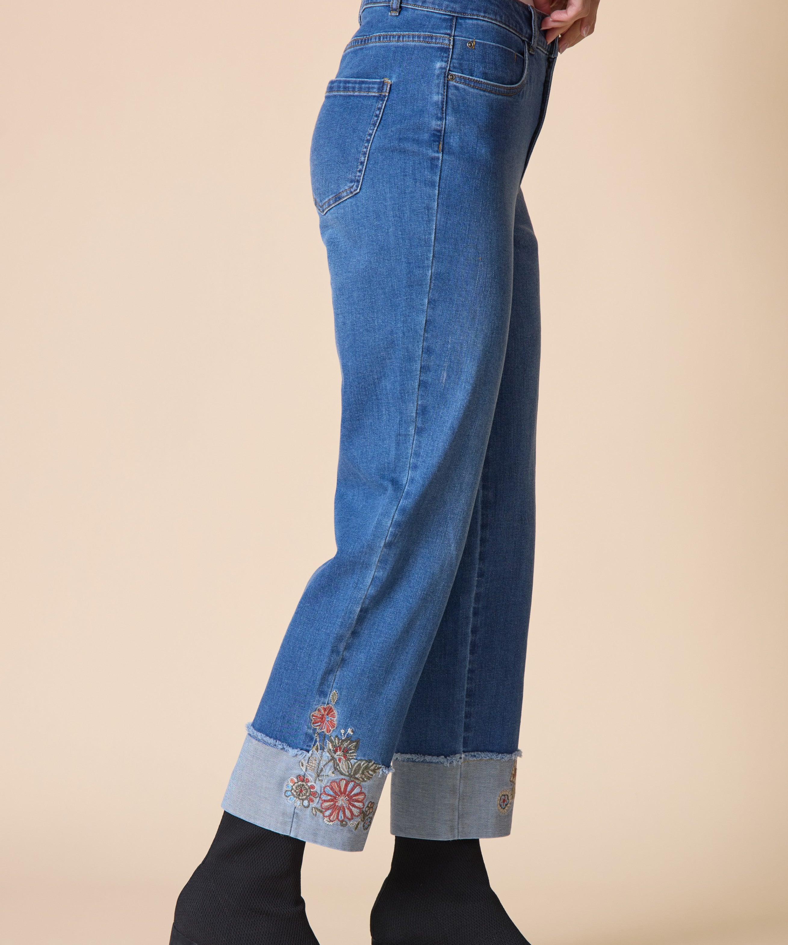 Stretch Denim Embroidered Cuff Jean