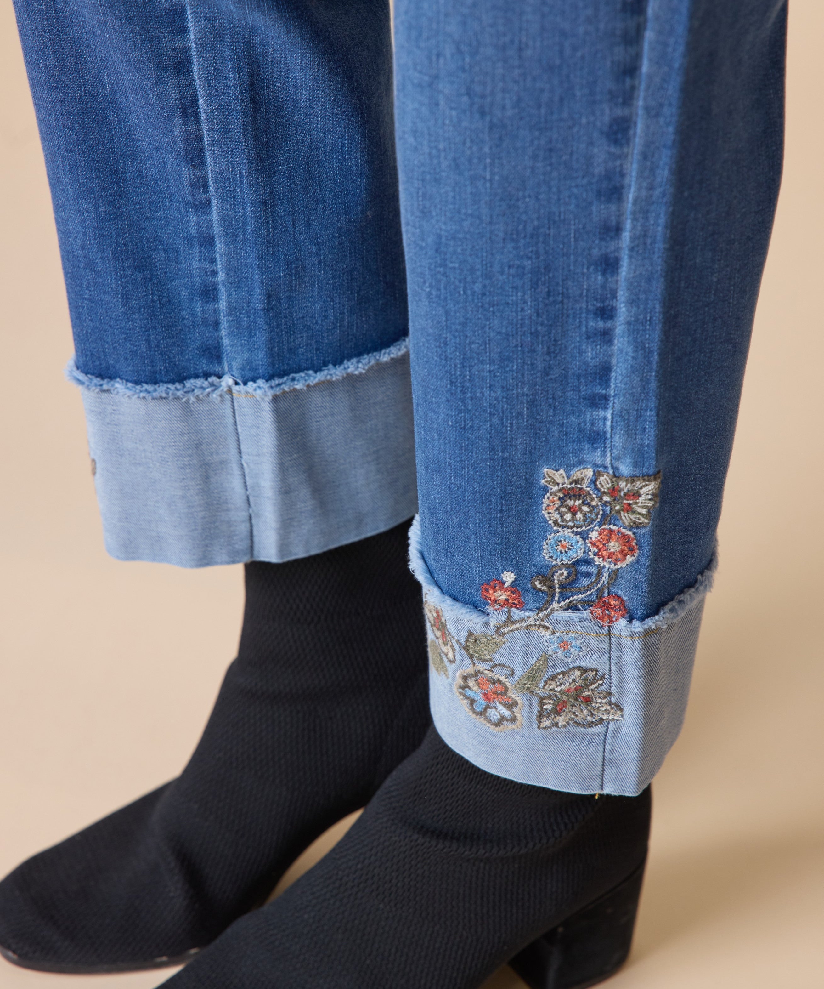 Stretch Denim Embroidered Cuff Jean