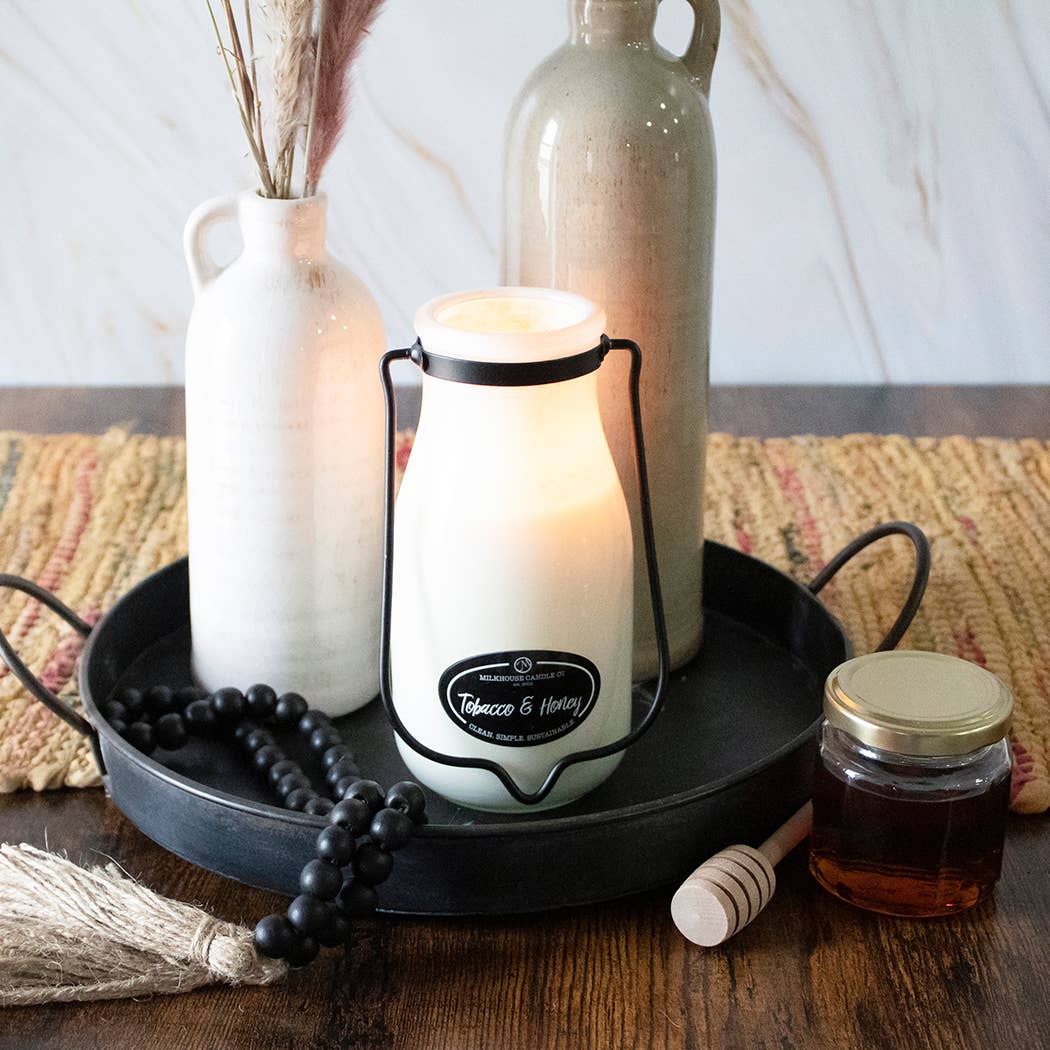 14 oz Milkbottle Candle: Tobacco & Honey - Milkhouse Candle Company - 849564011967 - Sugar River Shoppe - 