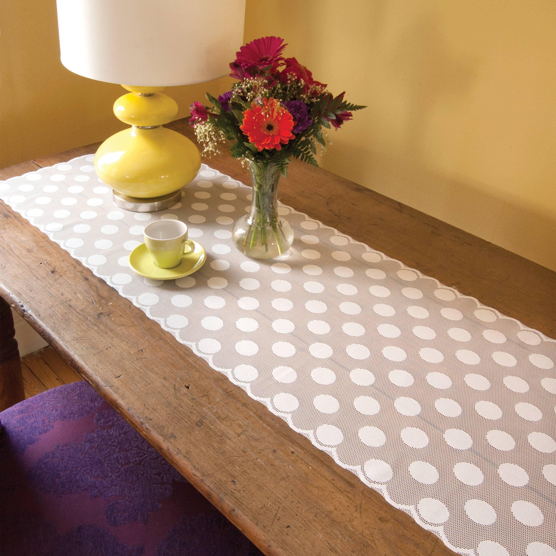 Modern Polka Dot 18x72 Lace Table Runner White - Sugar River Shoppe