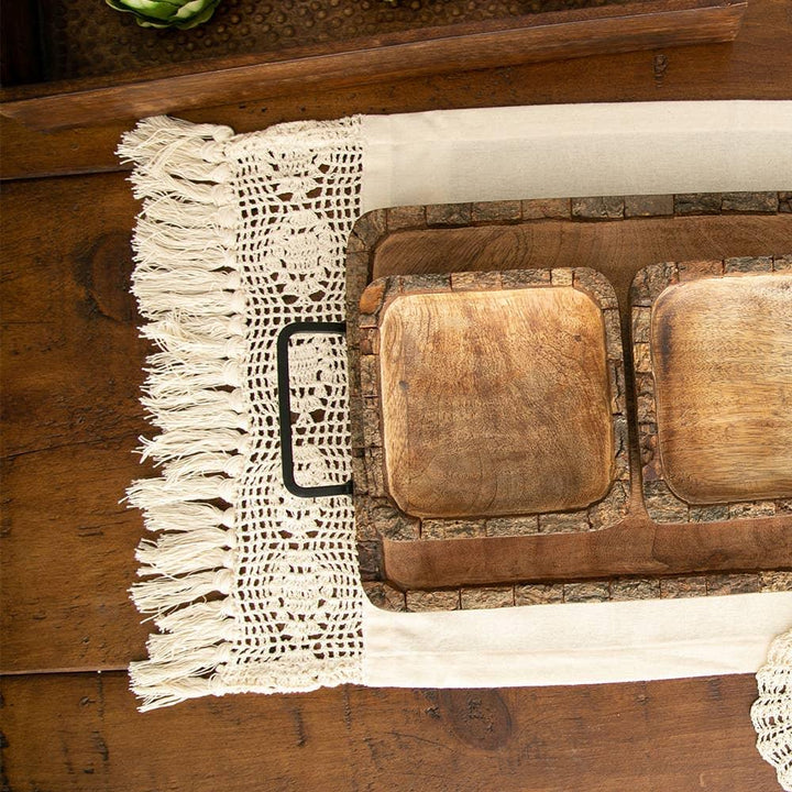 Farmhouse Boho Crochet Fringe 14x60 Table Runner Natural - Sugar River Shoppe