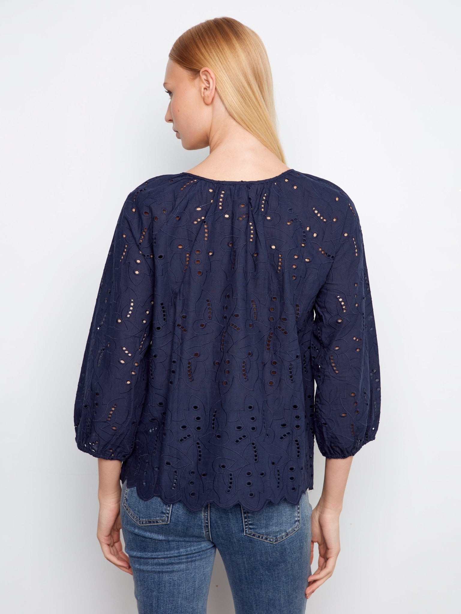 3/4 Raglan Sleeve Blouse with Ties at Notch Neckline - Charlie B - 690178758959 - Sugar River Shoppe - 