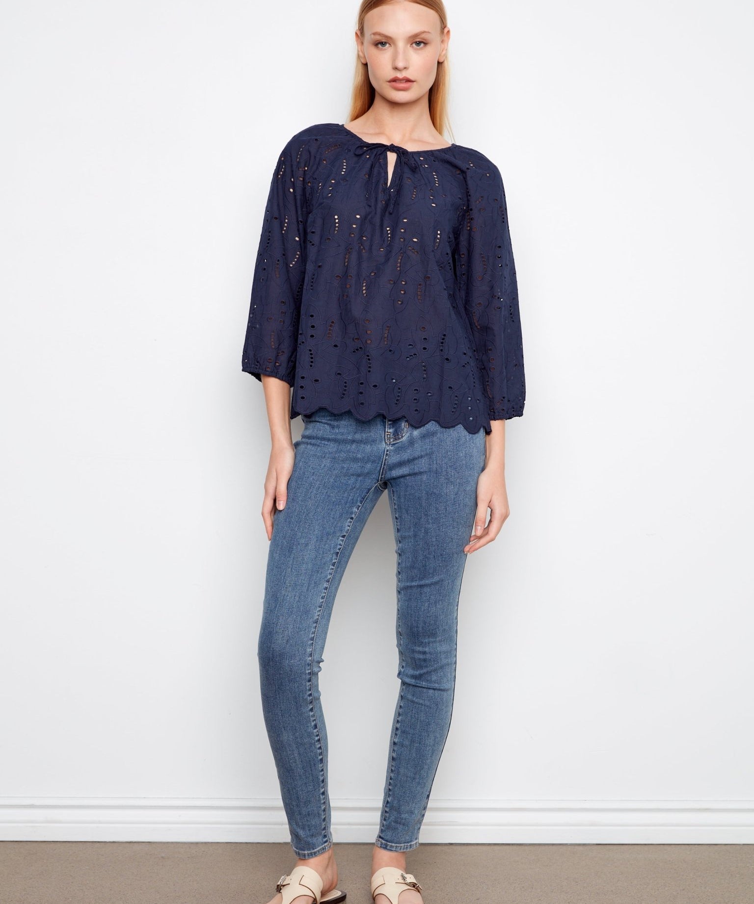 3/4 Raglan Sleeve Blouse with Ties at Notch Neckline - Charlie B - 690178758959 - Sugar River Shoppe - 