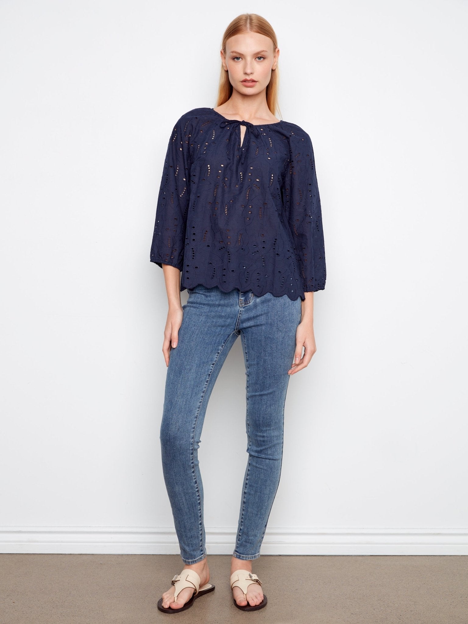 3/4 Raglan Sleeve Blouse with Ties at Notch Neckline - Charlie B - 690178758959 - Sugar River Shoppe - 