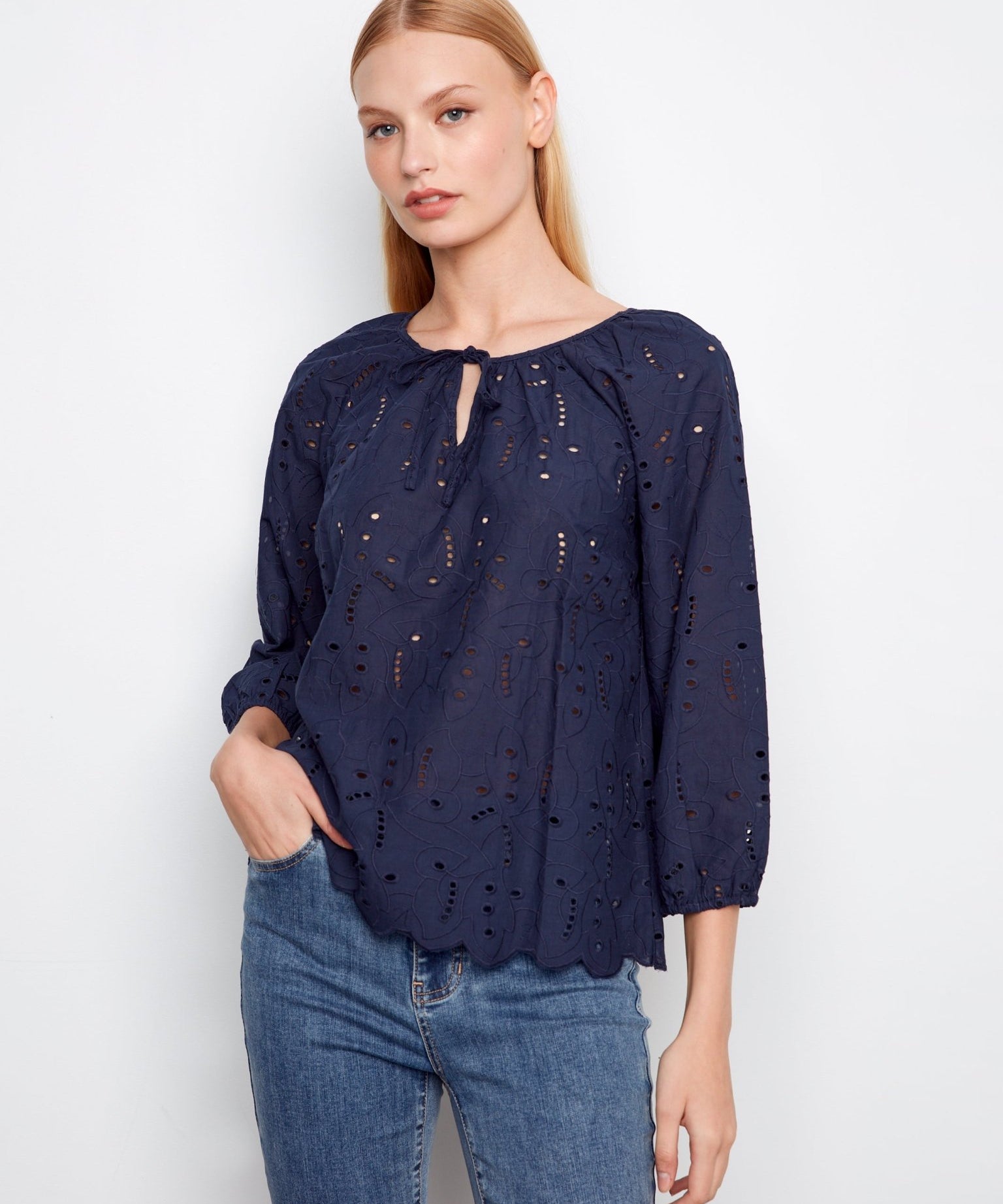 3/4 Raglan Sleeve Blouse with Ties at Notch Neckline - Charlie B - 690178758959 - Sugar River Shoppe - 