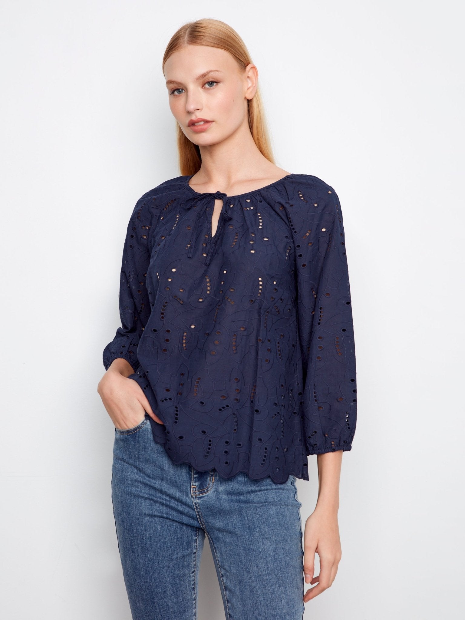 3/4 Raglan Sleeve Blouse with Ties at Notch Neckline - Charlie B - 690178758959 - Sugar River Shoppe - 