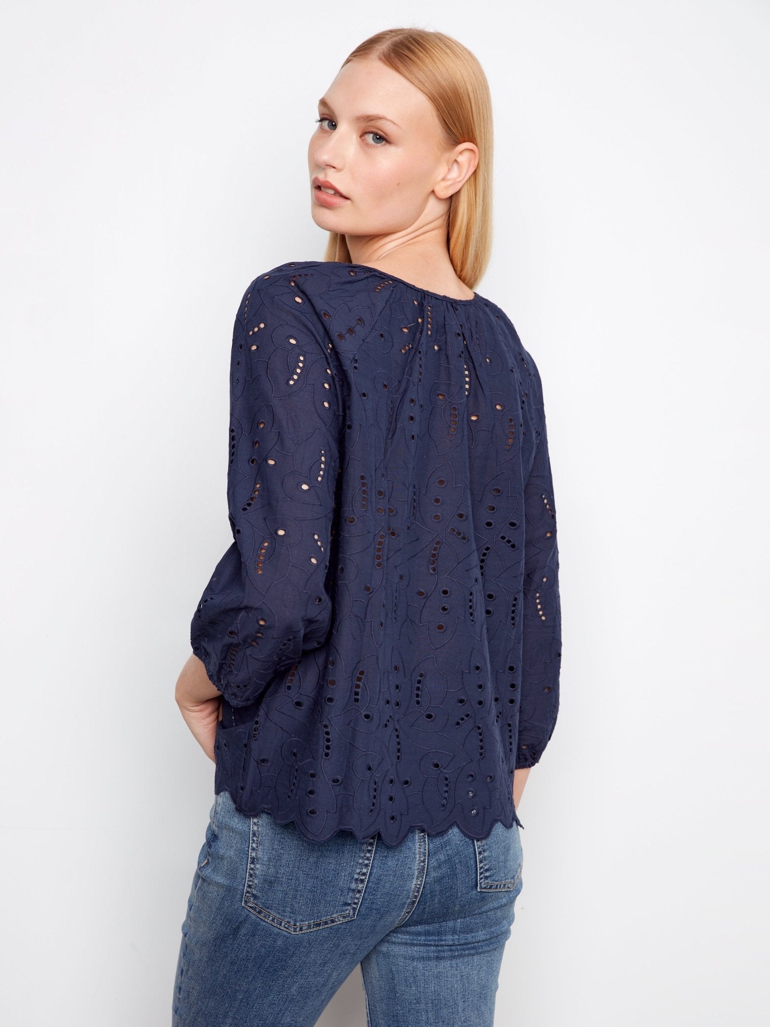 3/4 Raglan Sleeve Blouse with Ties at Notch Neckline - Charlie B - 690178758959 - Sugar River Shoppe - 