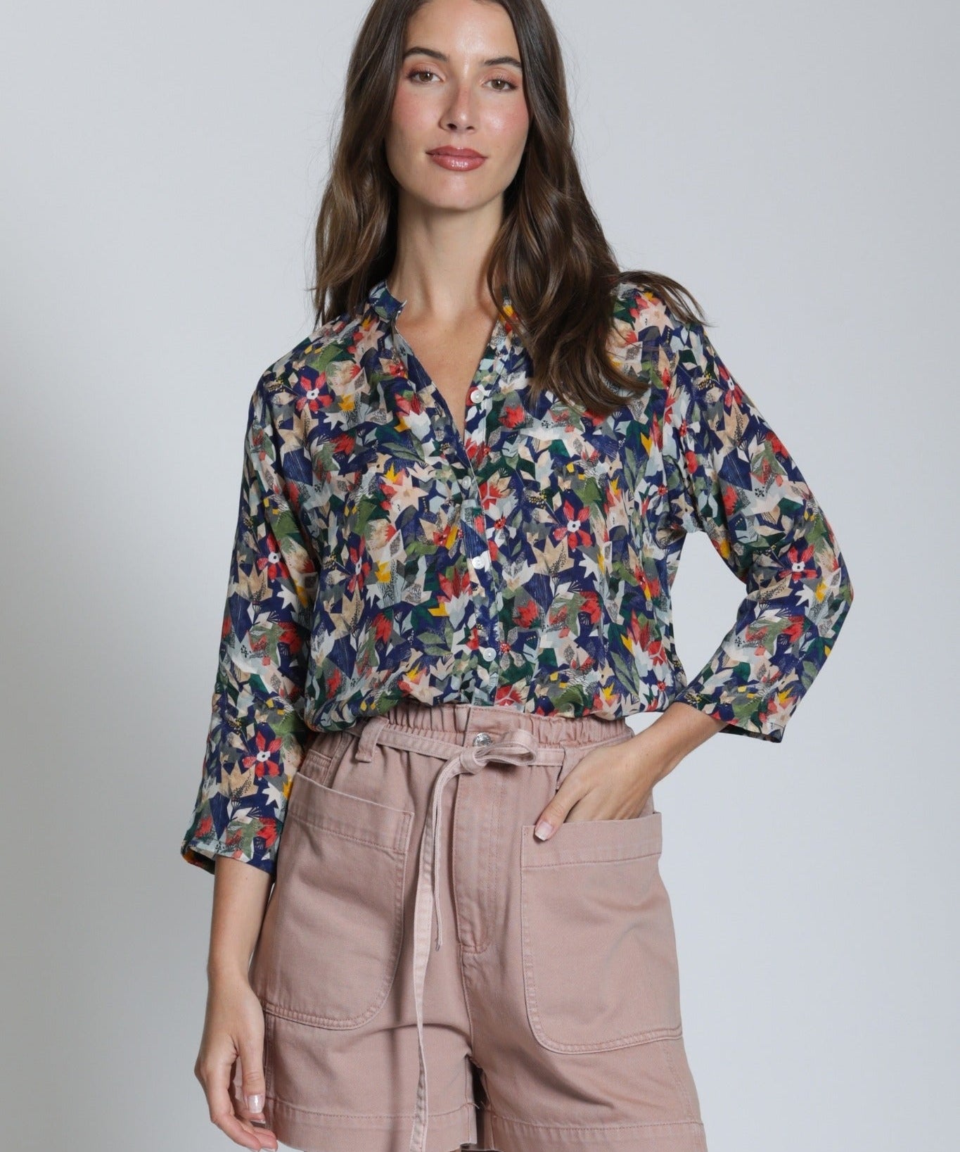 3/4 Sleeve Mandarin Collar Button - up - APNY - 605258062703 - Sugar River Shoppe - 