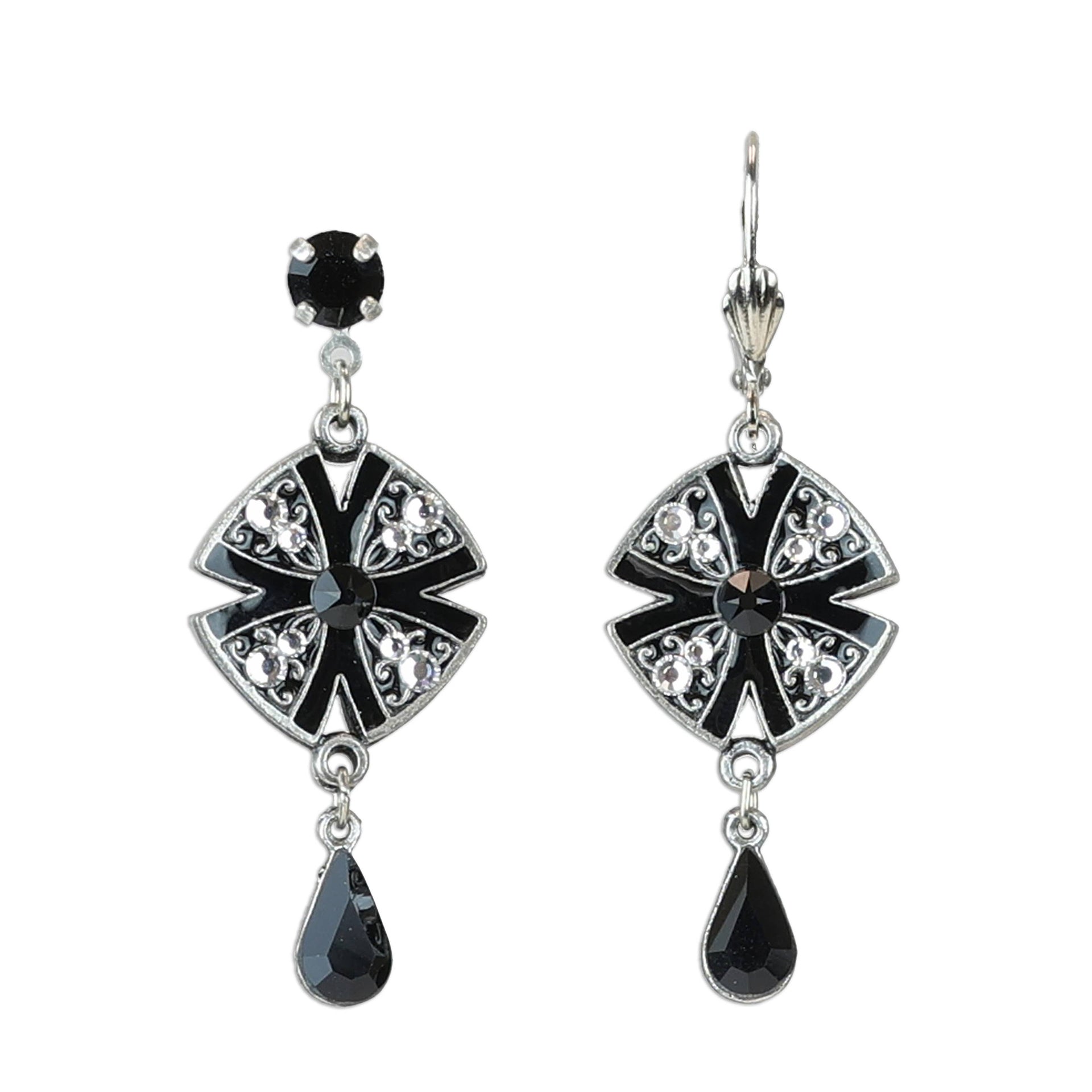 Art Deco Black and Crystal Teardrop Earrings: Leverback