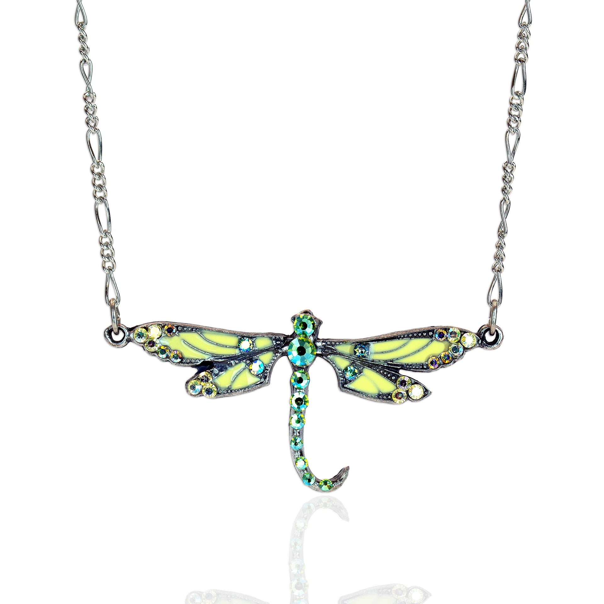 Yellow Iridescent Curved Tail Crystal Dragonfly Necklace