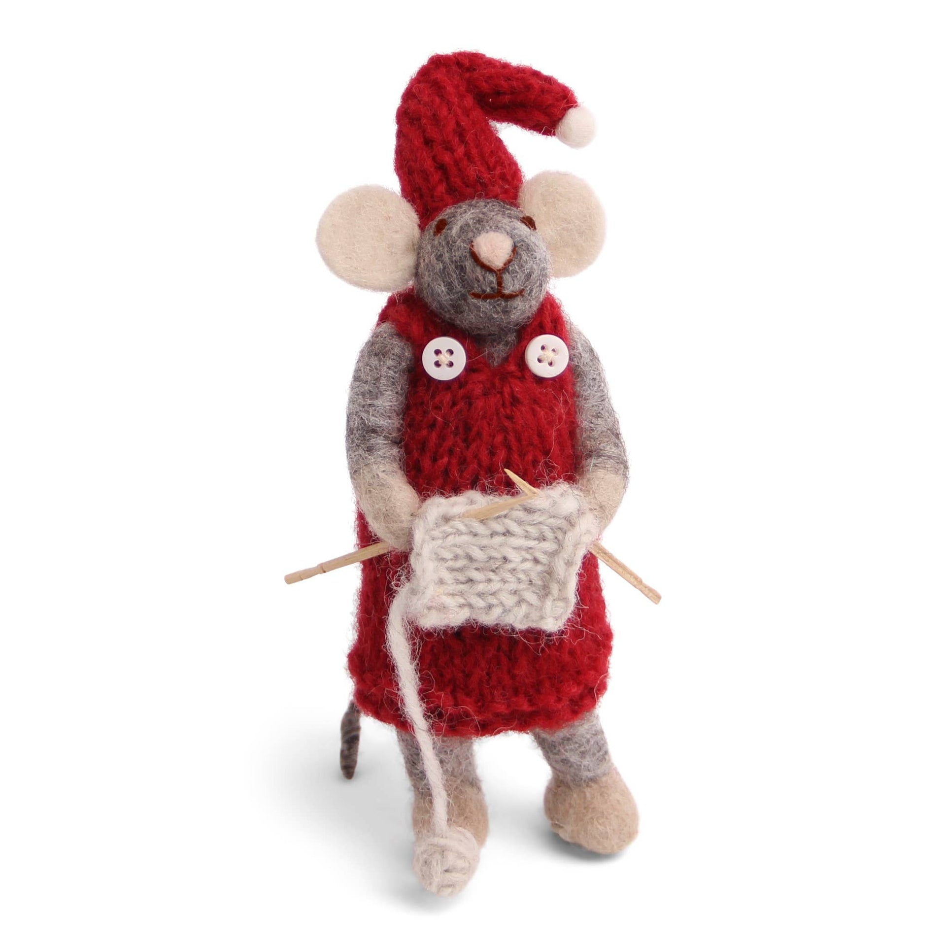 Small Grey Girly Mouse w/Knitting