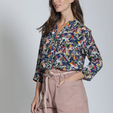 3/4 Sleeve Mandarin Collar Button-up