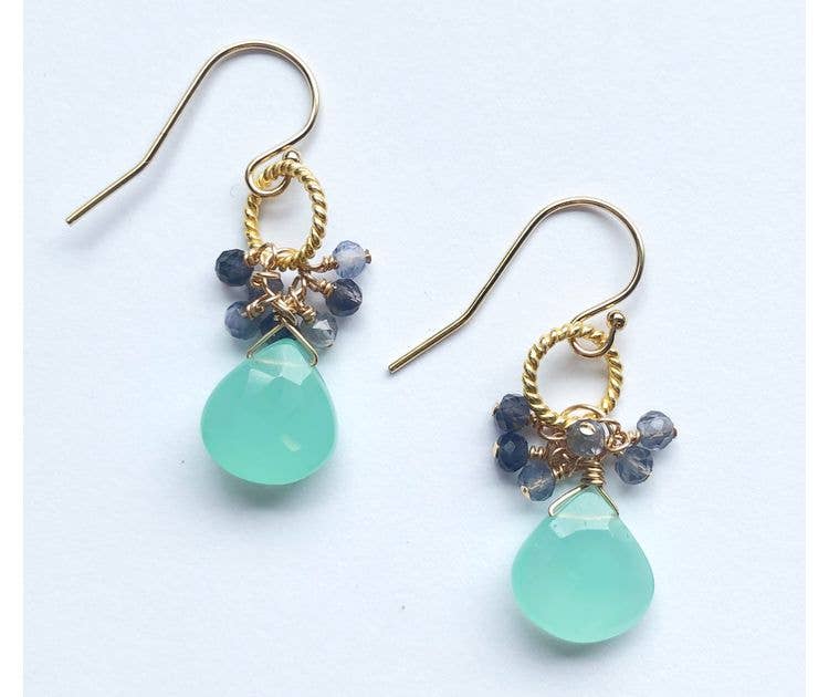 Cluster drop earrings: Mystic blue topaz/aqua blue chalcedony