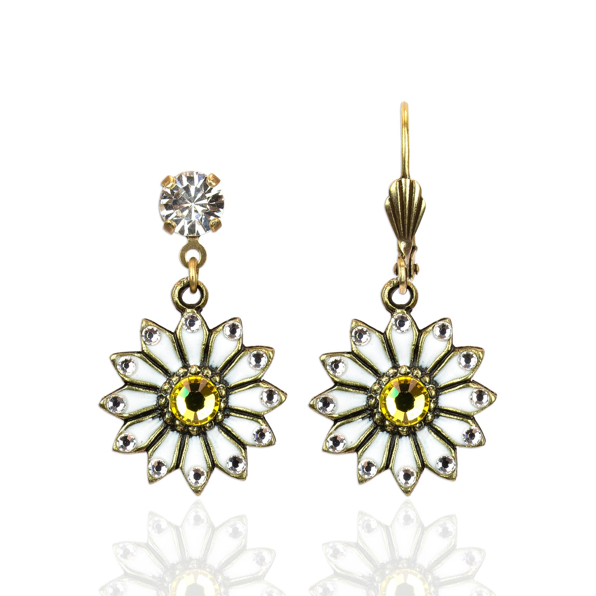 New Beginnings Pure White Daisy Flower Crystal Earrings: Leverback