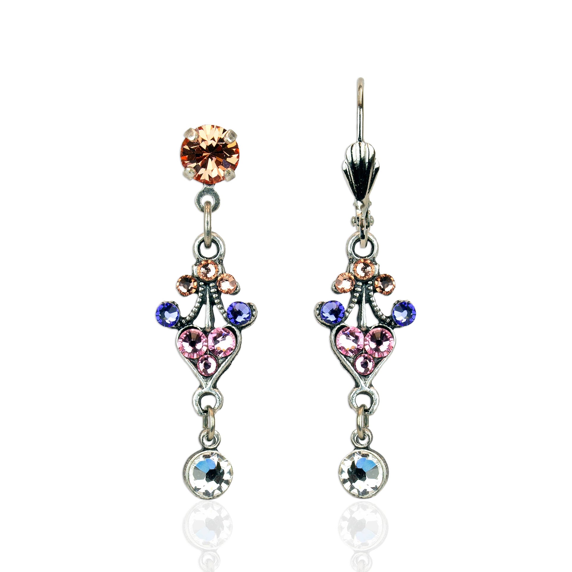 Spring Multicolor Filigree Heart Drop Crystal Earrings: Post