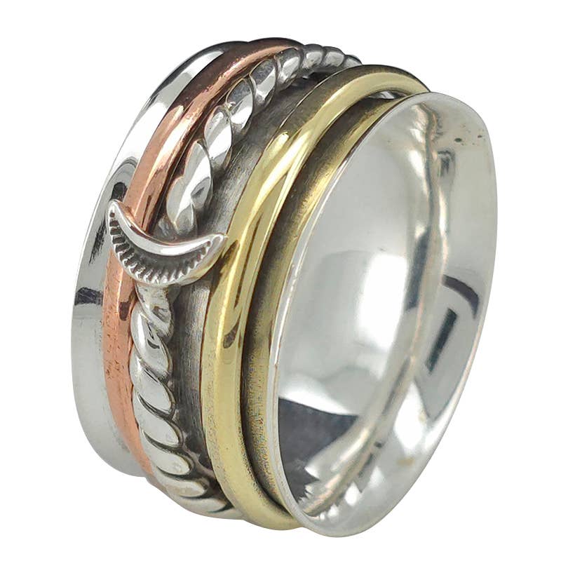 Silver, Brass And Copper Spinner Moon Anxiety Ring - Sugar River Shoppe