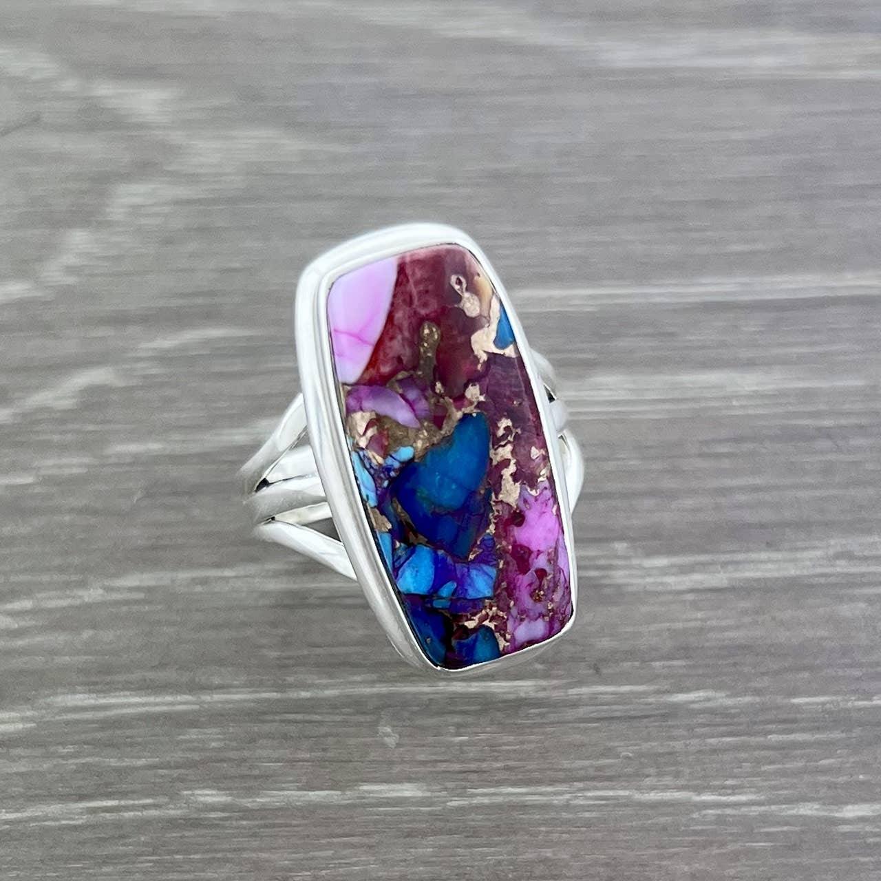 Kingman Pink Dahlia Turquoise Sterling Silver Ring: Size 10 - Sugar River Shoppe