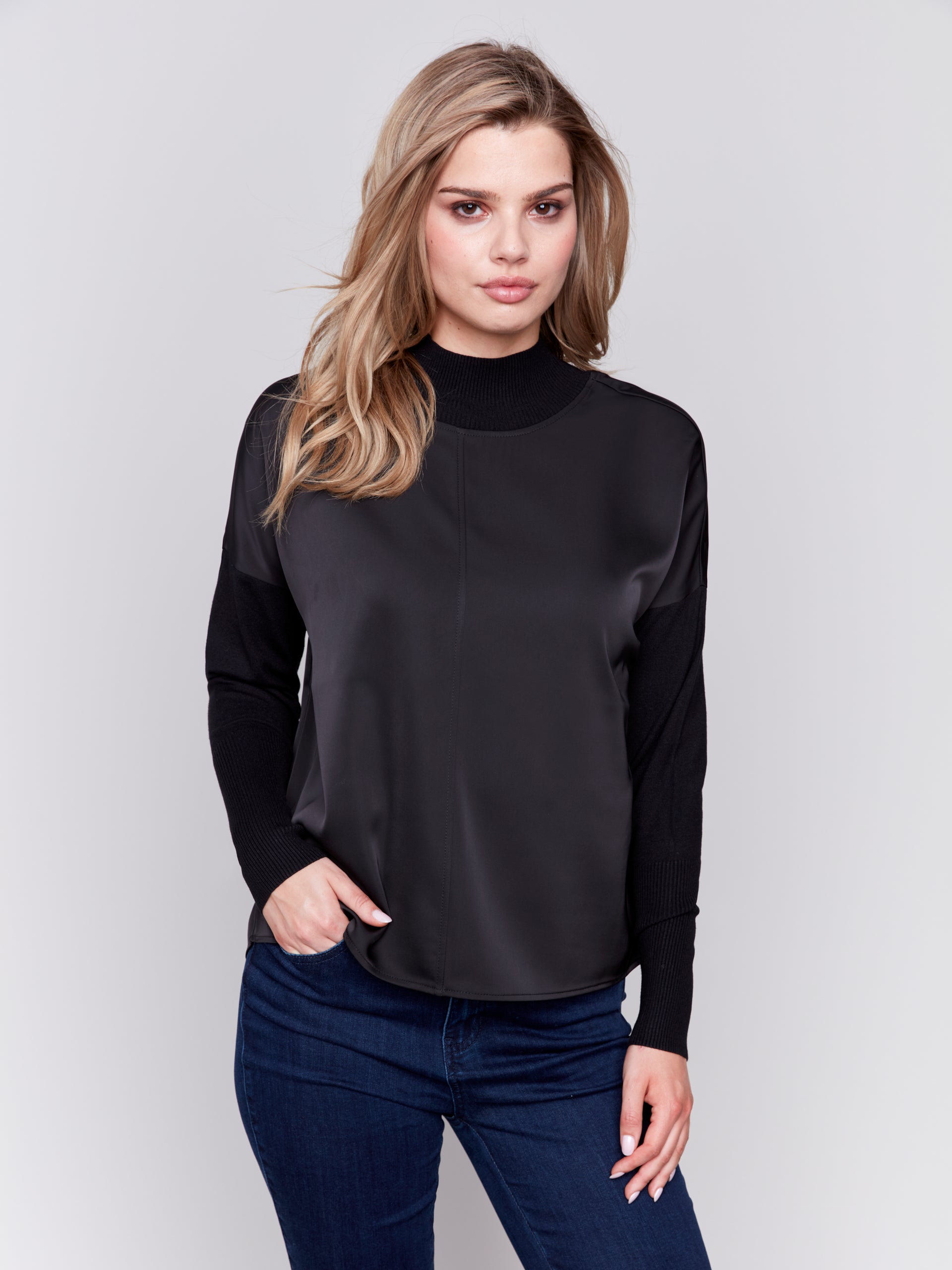 Mock-Neck Satin-Knit Combo Top With Front Seam Detail And Rib Cuffs