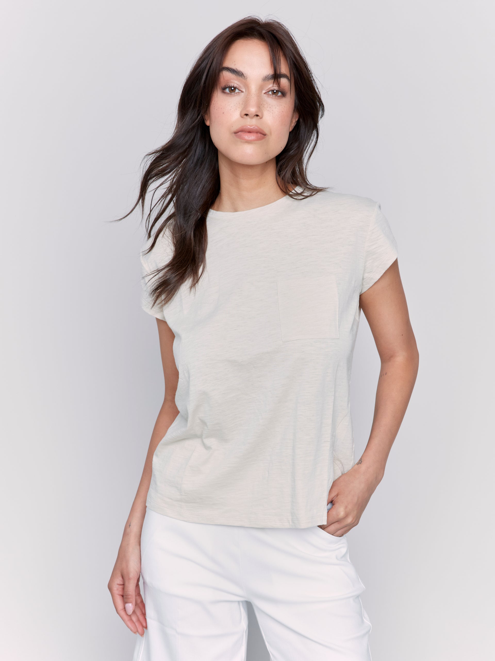 Cap Sleeve Tee with Chest Pocket Detail