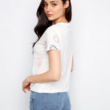 Embroidered Front Cotton Jersey T-Shirt with Rolled Cuffs
