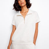 Short Sleeve Half-Zip Collar Top with Blanket Stitch