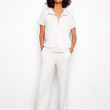 Short Sleeve Half-Zip Collar Top with Blanket Stitch