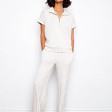 Short Sleeve Half-Zip Collar Top with Blanket Stitch