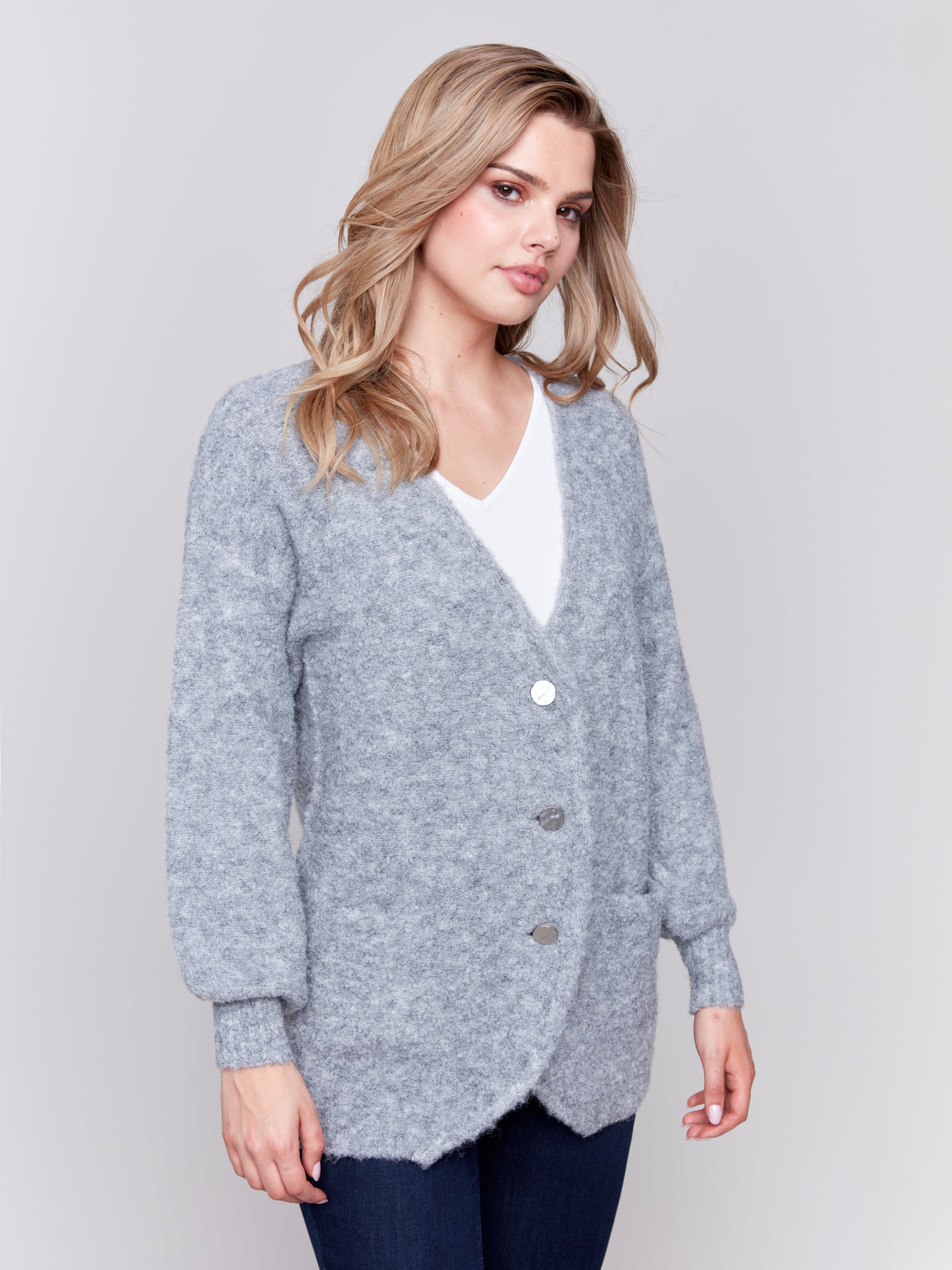 Boucle Knit Long Cardigan With Front Button