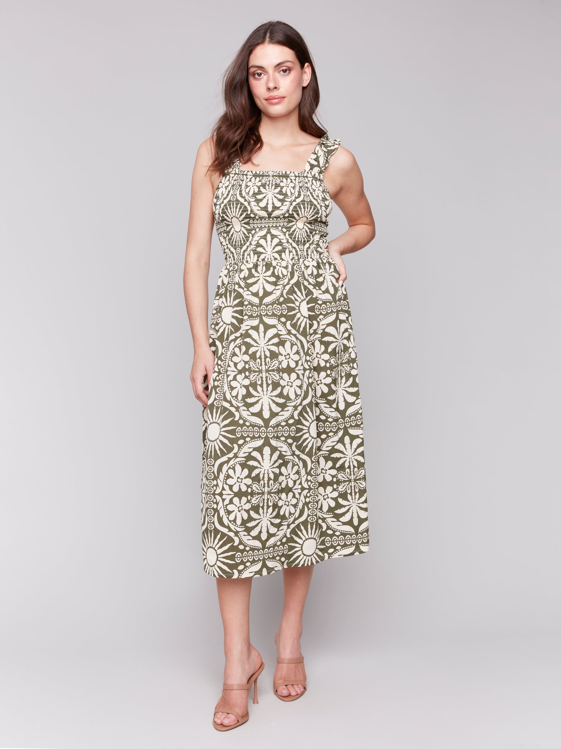 Printed Sleeveless Midi Dress with Shirring Detail