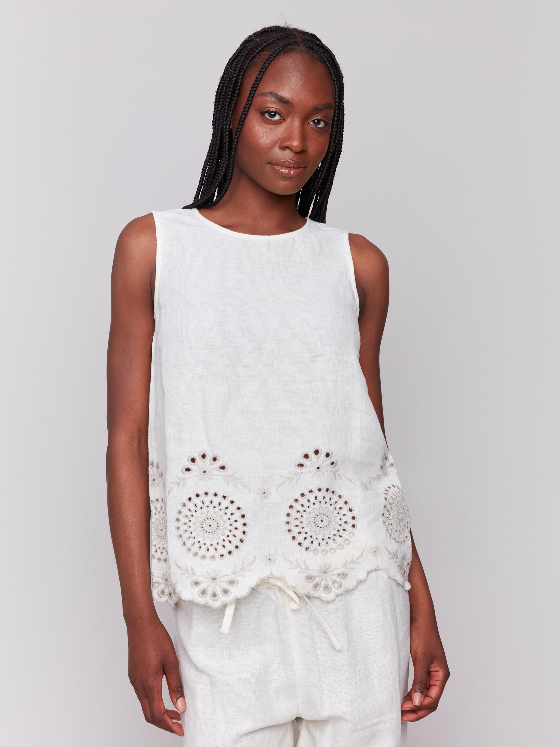 Sleeveless Linen Top with Eyelet Embroidery