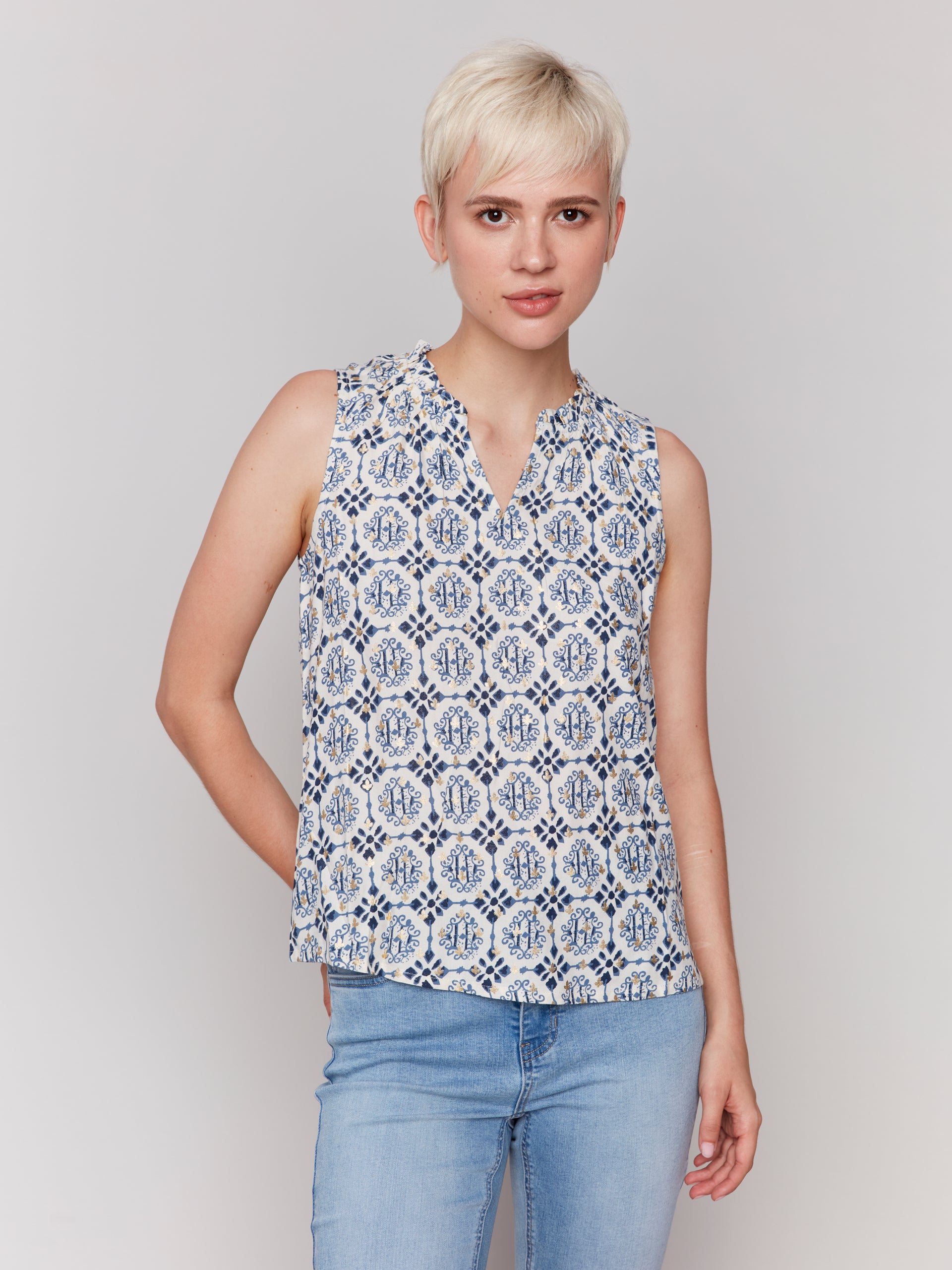 Printed Sleeveless Ruffle Neck Top