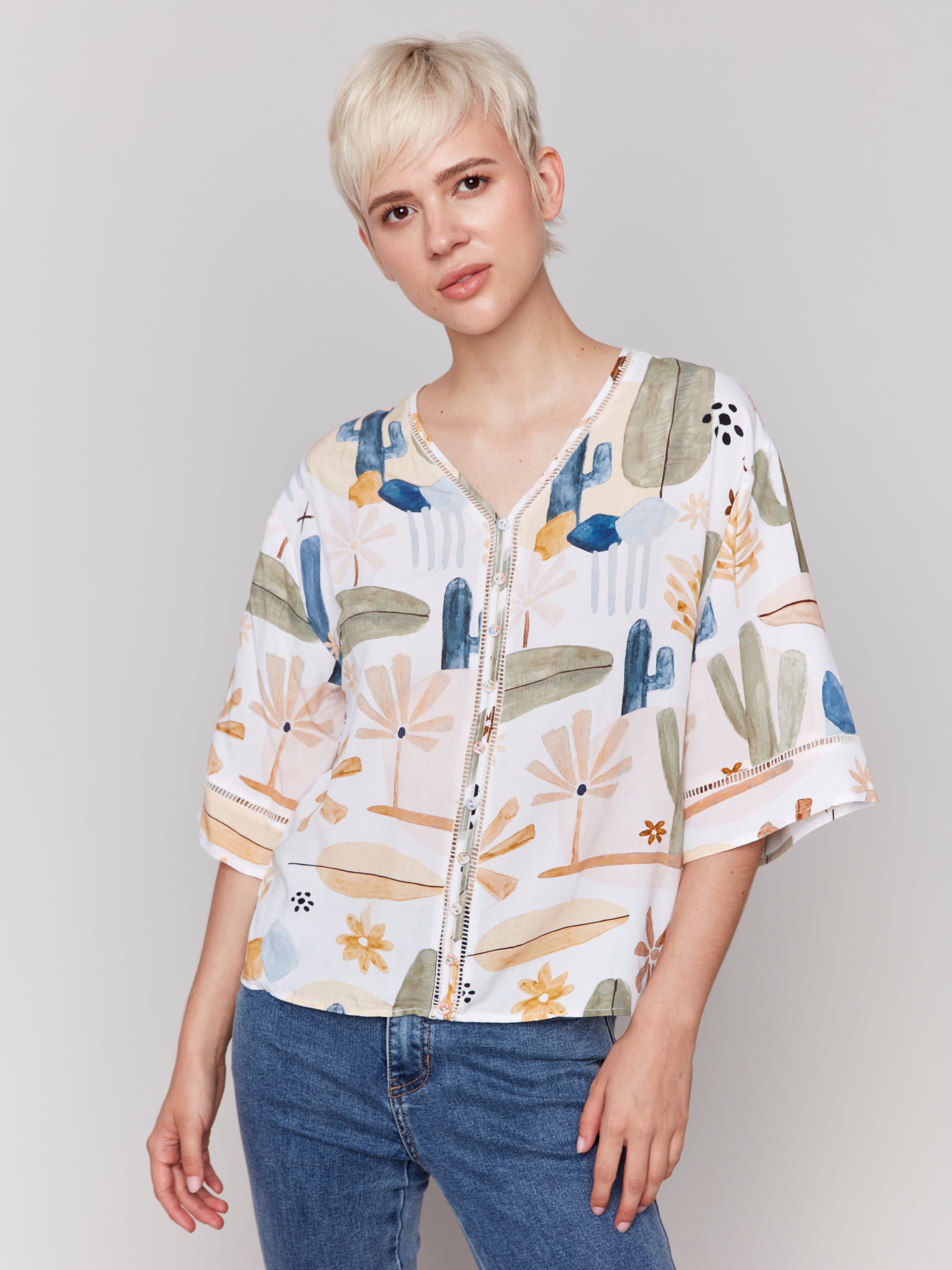 Printed 3/4 Wide Sleeve Blouse with Ladder Stitch Detail