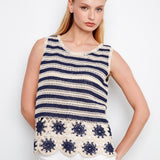 Striped Sleeveless Crochet Top with Floral Hem