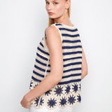 Striped Sleeveless Crochet Top with Floral Hem