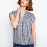 Printed Gingham Button-Up Blouse