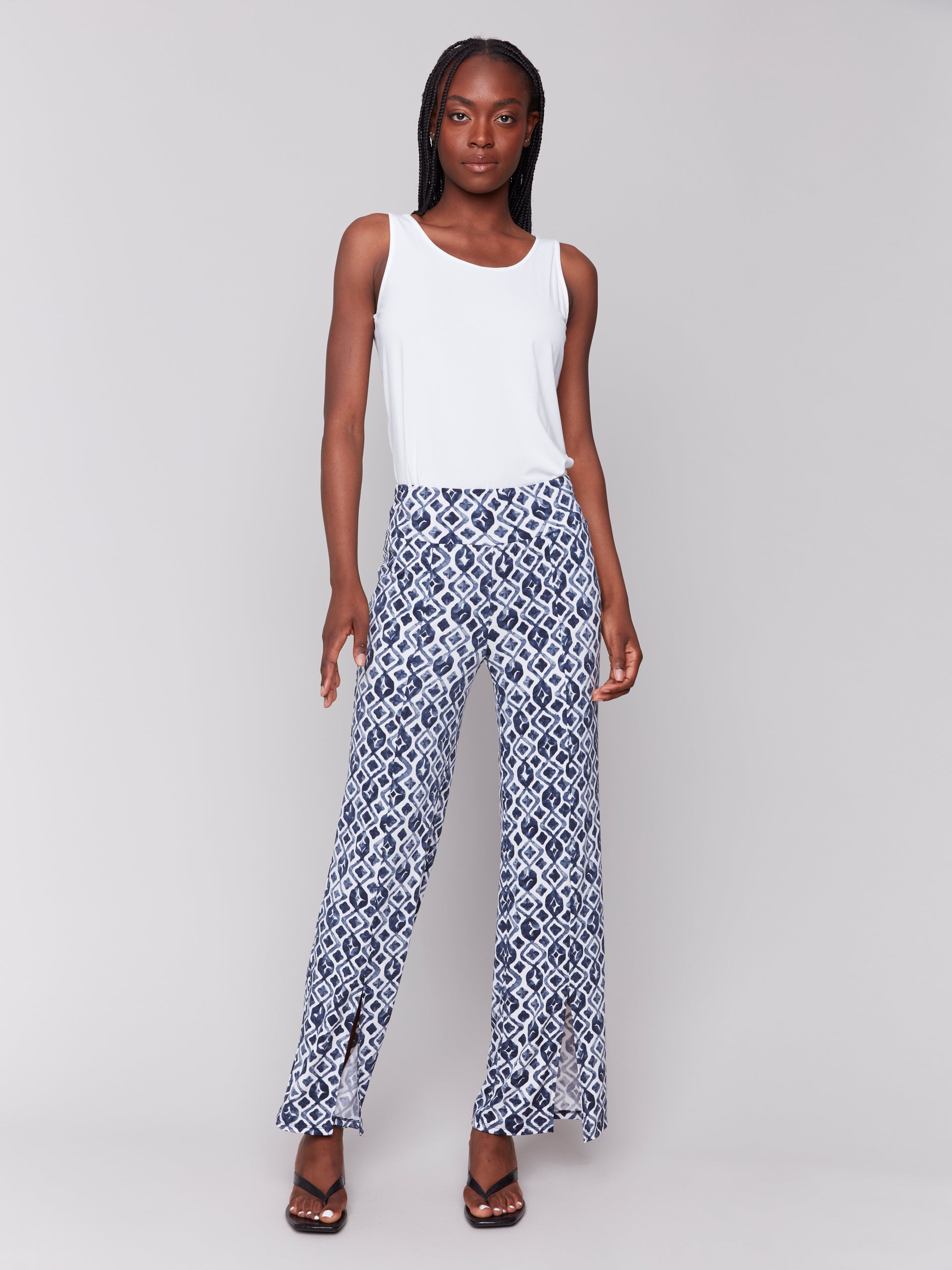 Printed Wide Leg Pants with Front Slits