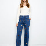 Wide Leg Jeans with Suede Flower Patches