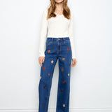 Wide Leg Jeans with Suede Flower Patches