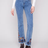 Flare Leg Stretch Denim Pants with Colorful Embroidery on Sides and Hem