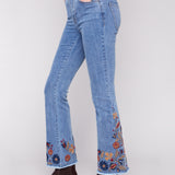 Flare Leg Stretch Denim Pants with Colorful Embroidery on Sides and Hem