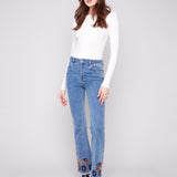 Flare Leg Stretch Denim Pants with Colorful Embroidery on Sides and Hem