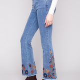 Flare Leg Stretch Denim Pants with Colorful Embroidery on Sides and Hem